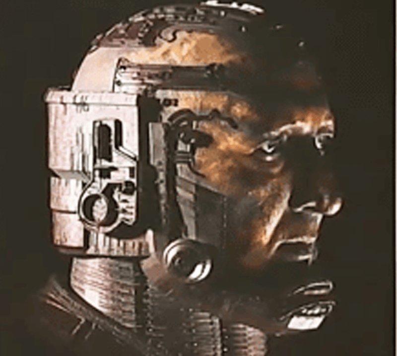 Marvel Studios’ The Fantastic Four: First Steps – The Art of the Movie reveals Ralph Ineson’s Galactus without his iconic helmet, showcasing a human-like face fused into a massive mechanical exoskeleton with intricate cosmic machinery.