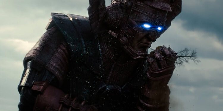 Marvel Studios’ The Fantastic Four: First Steps – The Art of the Movie reveals Ralph Ineson’s Galactus without his iconic helmet, showcasing a human-like face fused into a massive mechanical exoskeleton with intricate cosmic machinery.