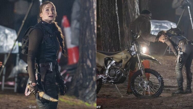 Sophie Turner is spotted filming intense action scenes for Amazon’s Tomb Raider series in Surrey, including a knife fight in heavy rain and a motorcycle escape with Martin Bobb-Semple as Zip.