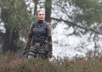 Sophie Turner was spotted on set as Lara Croft while filming Amazon’s upcoming Tomb Raider series in Surrey, England, featuring action scenes and a new take on the iconic costume.