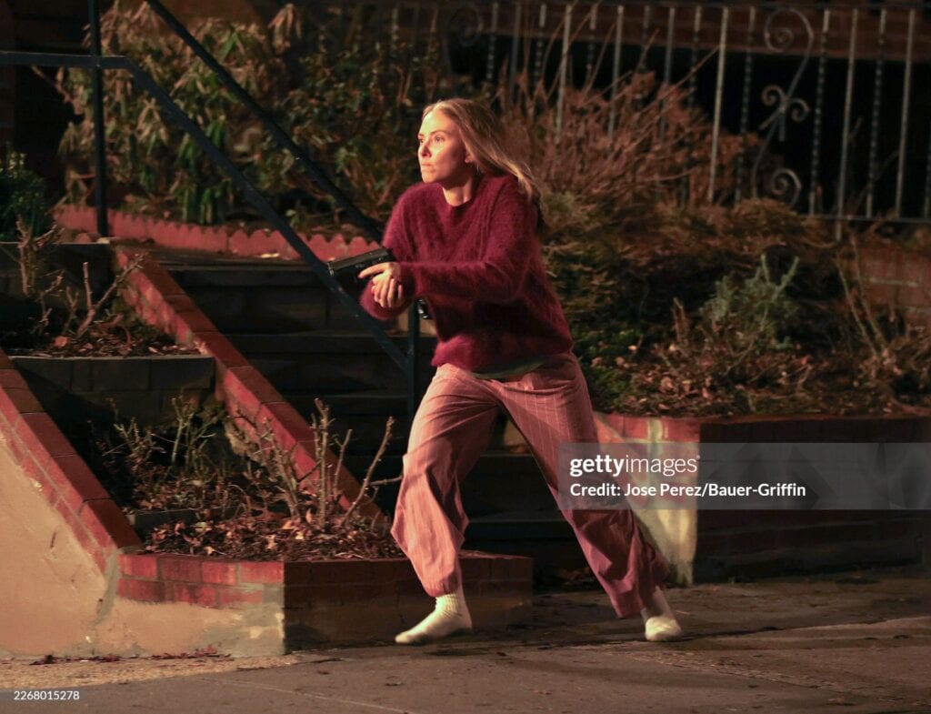 Scarlett Johansson spotted filming a late-night action scene for Mike Flanagan’s The Exorcist in Queens, New York.
