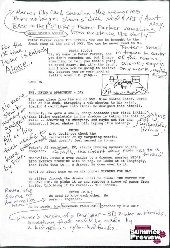 New Spider-Man: Brand New Day script pages reveal Peter Parker’s lonely life after No Way Home and the film’s opening montage scene.