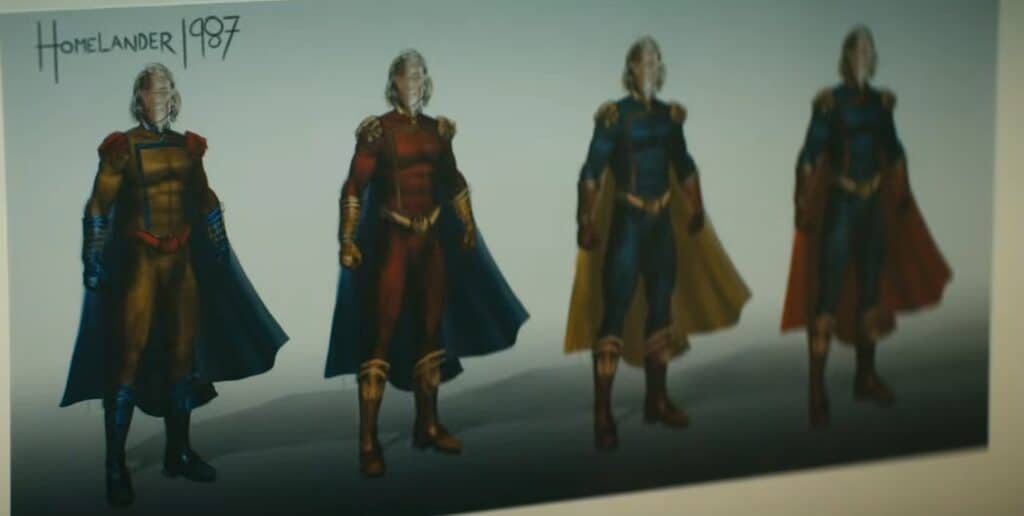 New concept art from The Boys reveals early designs for Homelander’s Homelander 1987 suit, featuring alternate costumes, long hair, and different cape color combinations.
