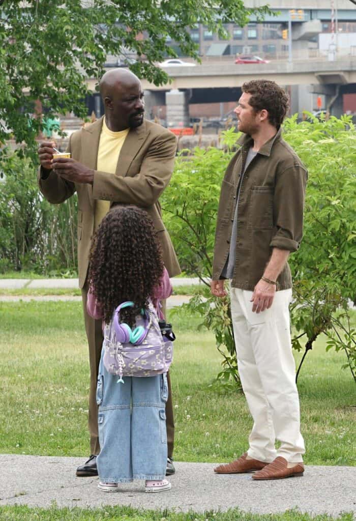 New Daredevil: Born Again Season 3 set photos reveal Luke Cage, Danny Rand, Danielle Jones-Cage, and Bullseye filming Episode 5 in New York City.