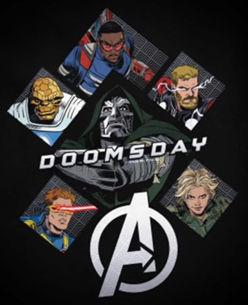New Avengers: Doomsday promotional art showcases Doctor Doom, Captain America, Cyclops, Thor, The Thing, and Yelena Belova, teasing the massive crossover and multiversal conflict at the heart of Marvel’s next Avengers film.