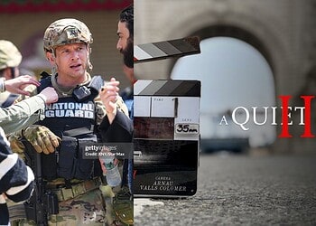First set photos from John Krasinski’s A Quiet Place Part III reveal Jack O'Connell in a National Guard uniform while filming in New York City.