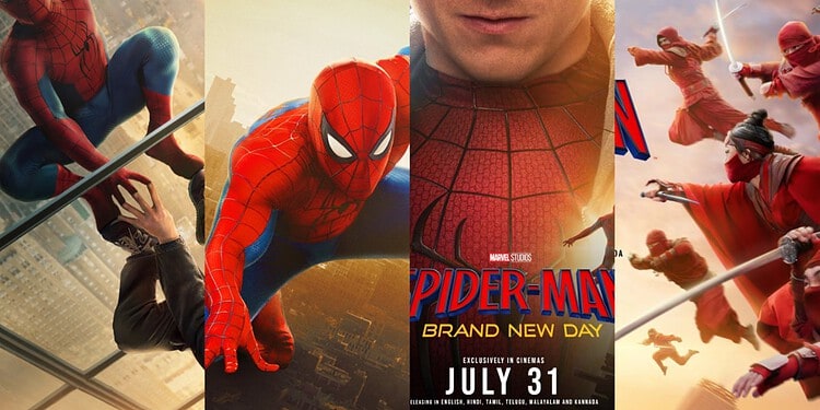 Marvel Studios unveils four new Spider-Man: Brand New Day banners, showcasing Spider-Man vs. The Hand, Peter Parker, and iconic hero poses.
