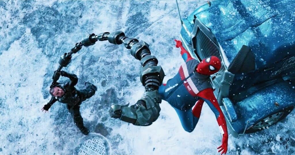 A new TV spot for Marvel's Spider-Man: Brand New Day reveals a scene featuring Tom Holland's Spider-Man battling Michael Mando's Scorpion in a snowy setting. See the image below.