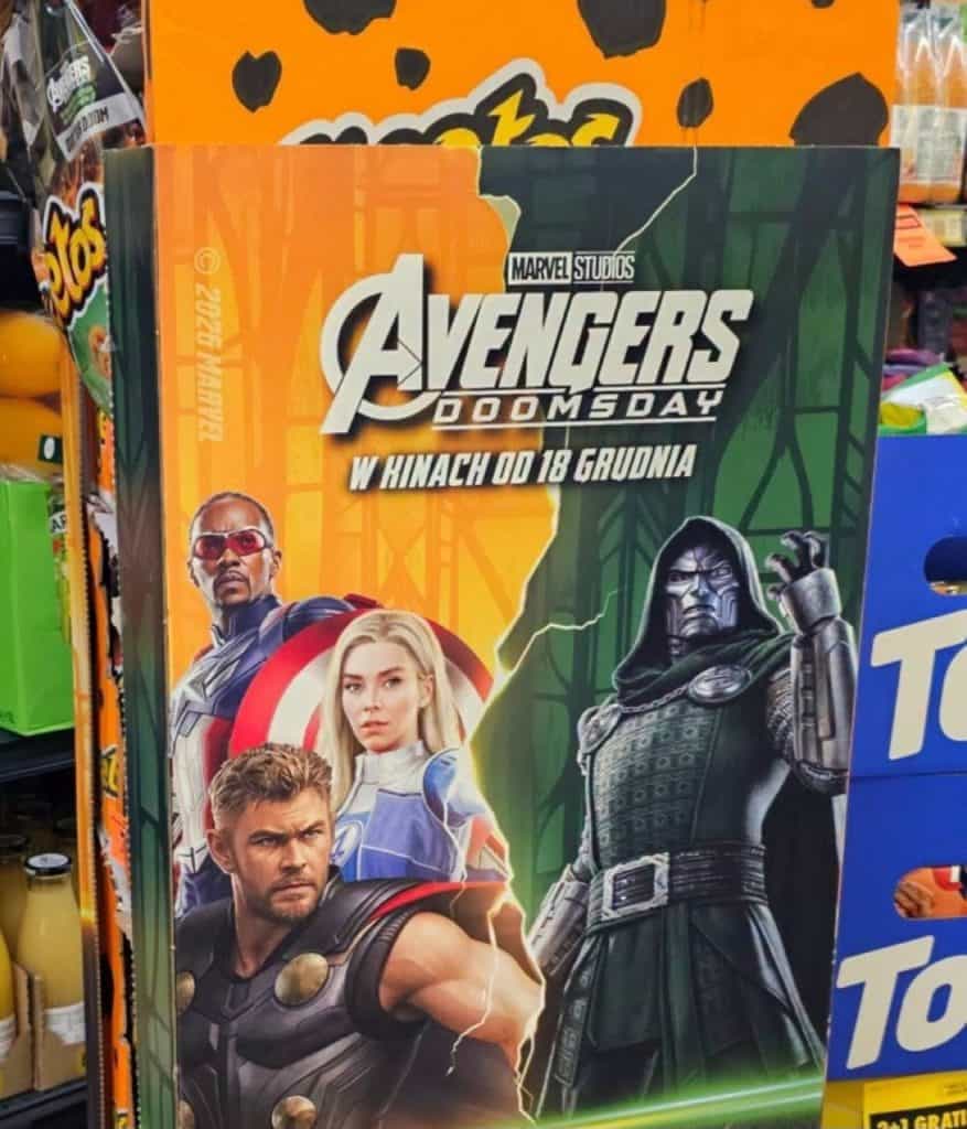 New Avengers: Doomsday promotional art features Doctor Doom, Thor, Sue Storm, and Captain America, alongside the film's Cheetos collaboration.