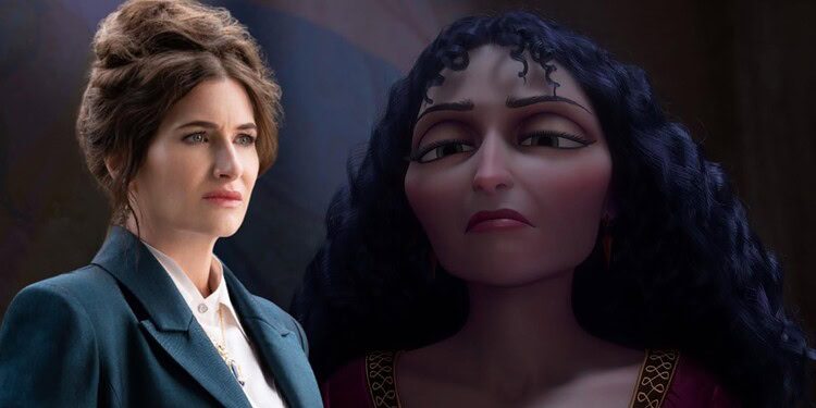 Leaked set photos reveal Kathryn Hahn's first look as Mother Gothel in Disney's live-action Tangled, featuring a costume inspired by the animated classic.