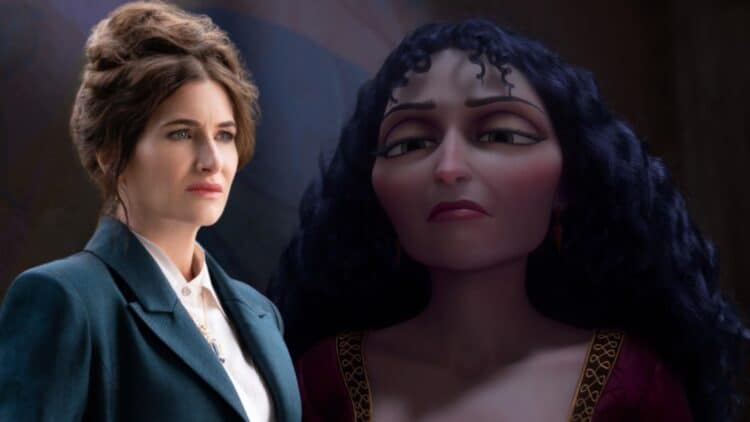 Leaked set photos reveal Kathryn Hahn's first look as Mother Gothel in Disney's live-action Tangled, featuring a costume inspired by the animated classic.