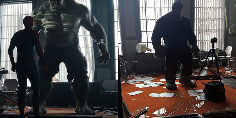 New behind-the-scenes images from Spider-Man: Brand New Day reveal the practical Hulk model used on set alongside Tom Holland before CGI was added in post-production.