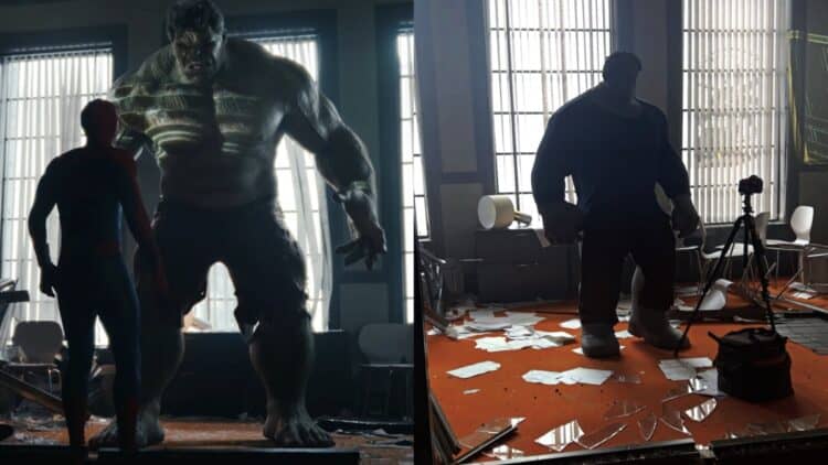 New behind-the-scenes images from Spider-Man: Brand New Day reveal the practical Hulk model used on set alongside Tom Holland before CGI was added in post-production.