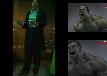 Concept art for Tom Holland's Spider-Man, Jean DeWolff, and Mark Ruffalo's Hulk