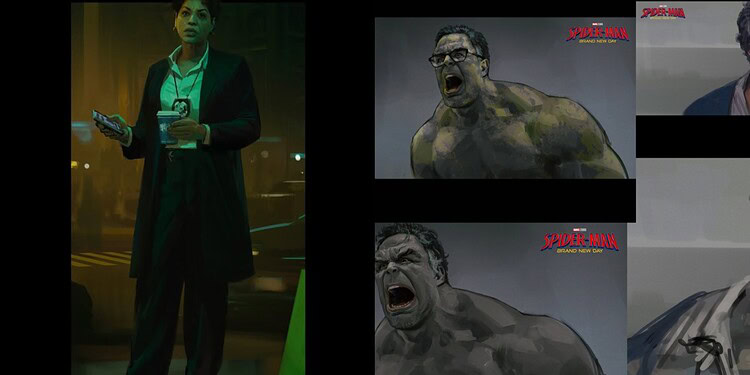 Concept art for Tom Holland's Spider-Man, Jean DeWolff, and Mark Ruffalo's Hulk