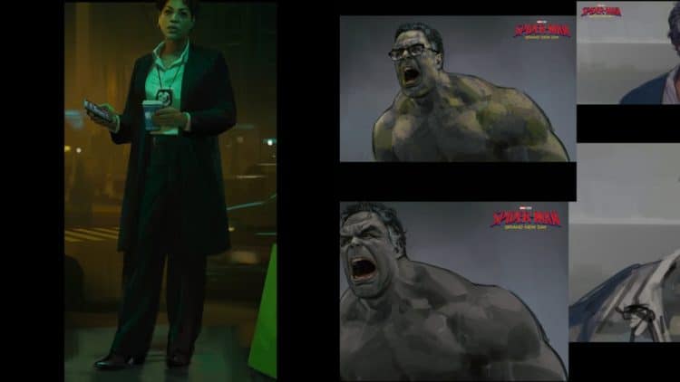 Concept art for Tom Holland's Spider-Man, Jean DeWolff, and Mark Ruffalo's Hulk