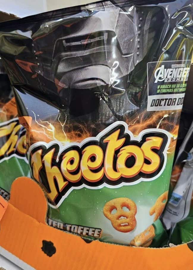 New Avengers: Doomsday promotional art features Doctor Doom, Thor, Sue Storm, and Captain America, alongside the film's Cheetos collaboration.