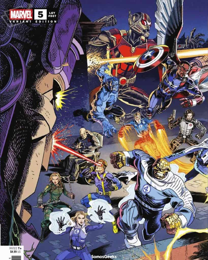 A new comic book promotional art for Marvel's Avengers: Doomsday has been revealed, featuring the Avengers vs. Doctor Doom. Marvel has released a new special wraparound cover for the comic Avengers: Armageddon #5, which features the official cast of the upcoming movie Avengers: Doomsday. (Note: The cover is promotional material for Avengers: Doomsday.)