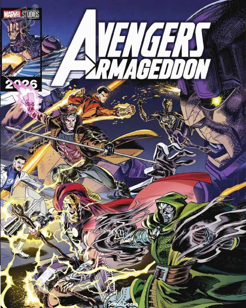 A new comic book promotional art for Marvel's Avengers: Doomsday has been revealed, featuring the Avengers vs. Doctor Doom. Marvel has released a new special wraparound cover for the comic Avengers: Armageddon #5, which features the official cast of the upcoming movie Avengers: Doomsday. (Note: The cover is promotional material for Avengers: Doomsday.)