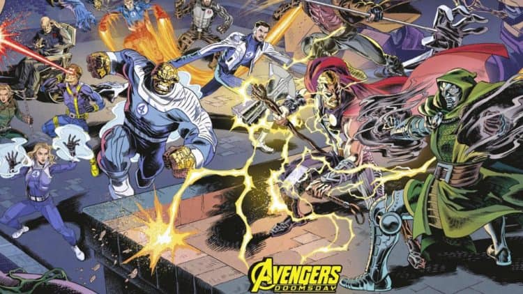 A new comic book promotional art for Marvel's Avengers: Doomsday has been revealed, featuring the Avengers vs. Doctor Doom. Marvel has released a new special wraparound cover for the comic Avengers: Armageddon #5, which features the official cast of the upcoming movie Avengers: Doomsday. (Note: The cover is promotional material for Avengers: Doomsday.)
