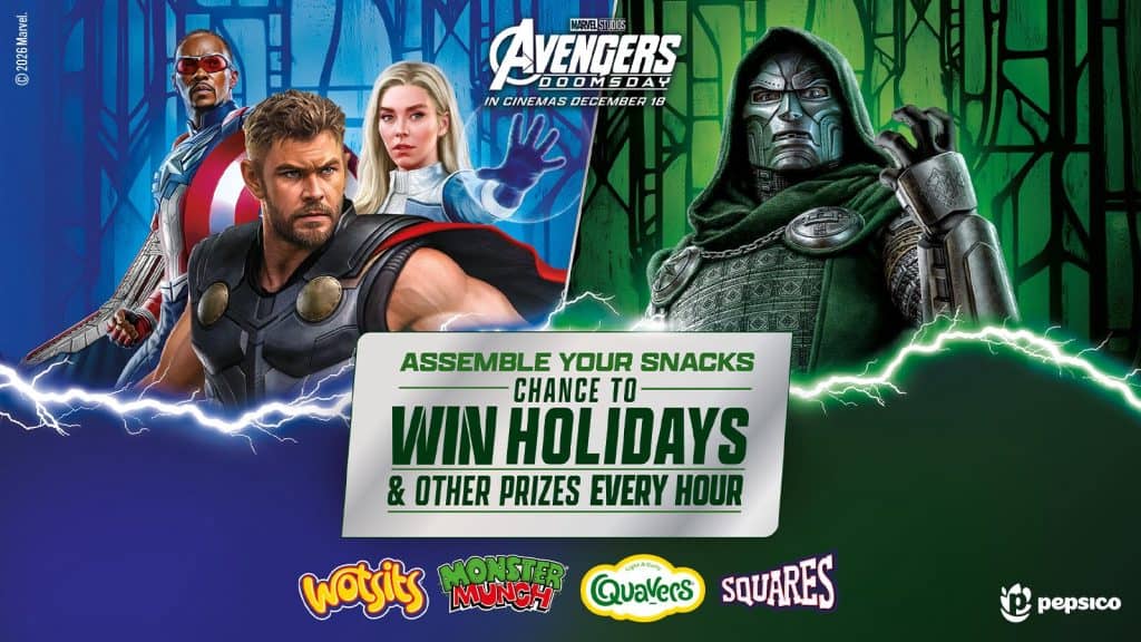 promotional banner for Avengers: Doomsday, featuring Doctor Doom, Thor, Sue Storm, and Captain America