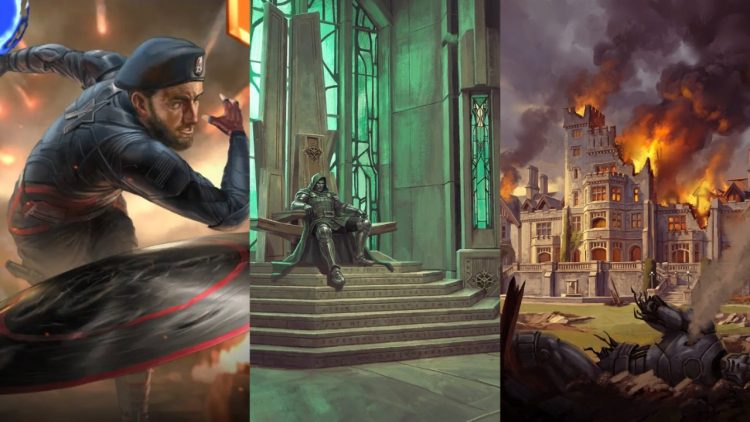 New Avengers: Doomsday promotional art from Marvel Snap showcases a destroyed X-Mansion, Doctor Doom on his throne, John Walker, and a world-threatening incursion.