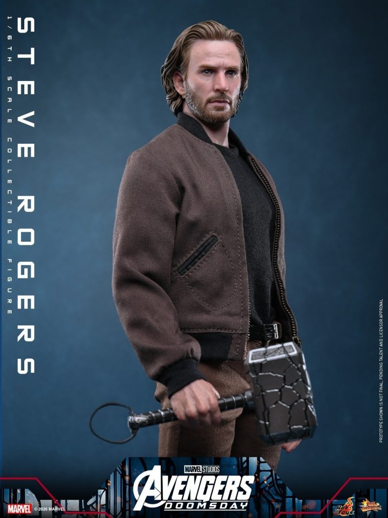 Hot Toys reveals its Avengers: Doomsday Steve Rogers figure featuring Chris Evans’ likeness, a cracked Mjolnir, and detailed 1/6-scale accessories.