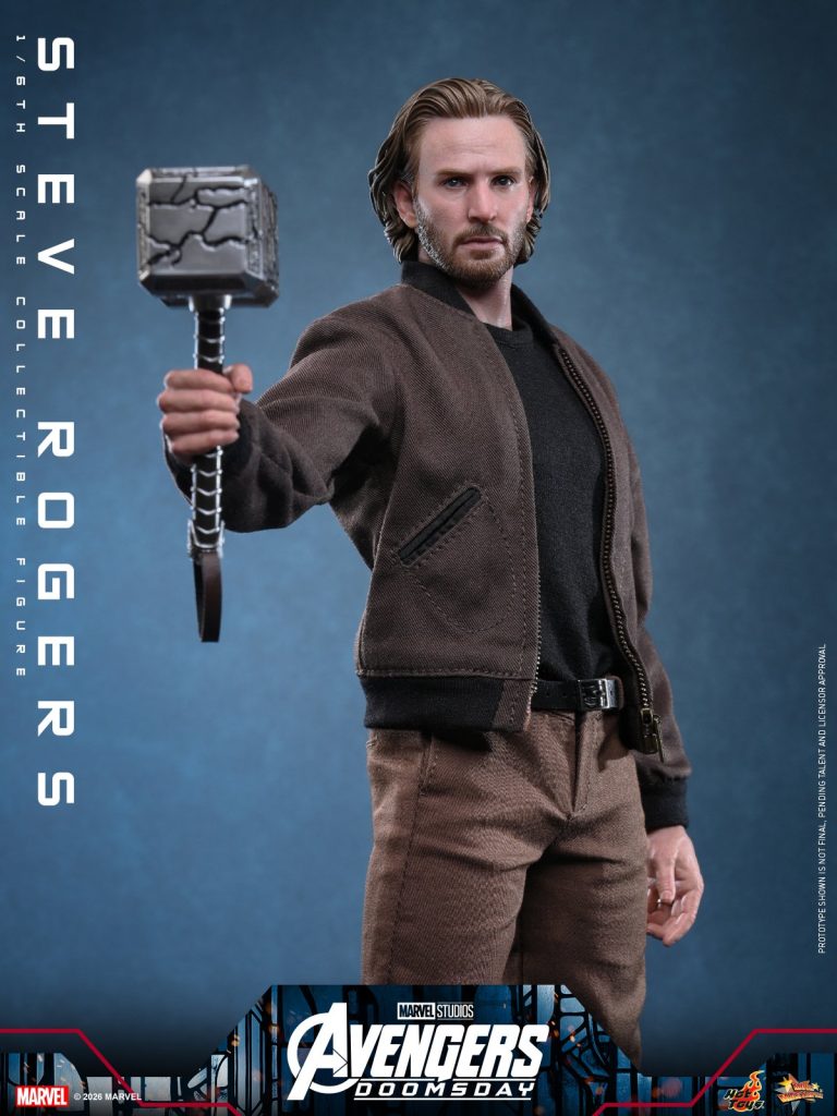 Hot Toys reveals its Avengers: Doomsday Steve Rogers figure featuring Chris Evans’ likeness, a cracked Mjolnir, and detailed 1/6-scale accessories.