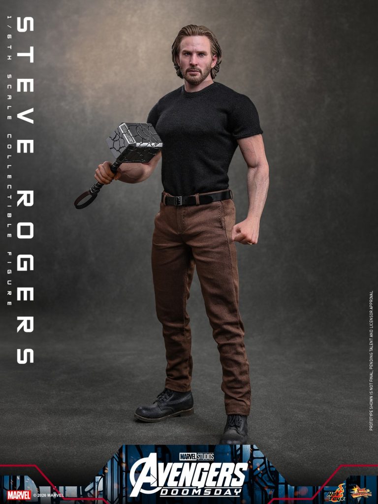 Hot Toys reveals its Avengers: Doomsday Steve Rogers figure featuring Chris Evans’ likeness, a cracked Mjolnir, and detailed 1/6-scale accessories.