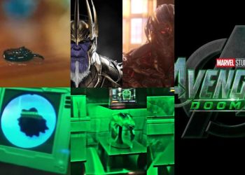 Marvel reveals Doctor Doom’s lab at New York Comic Con, featuring a symbiote sample, Silver Surfer’s split board, Ultron’s head, and Thanos’s broken helmet.