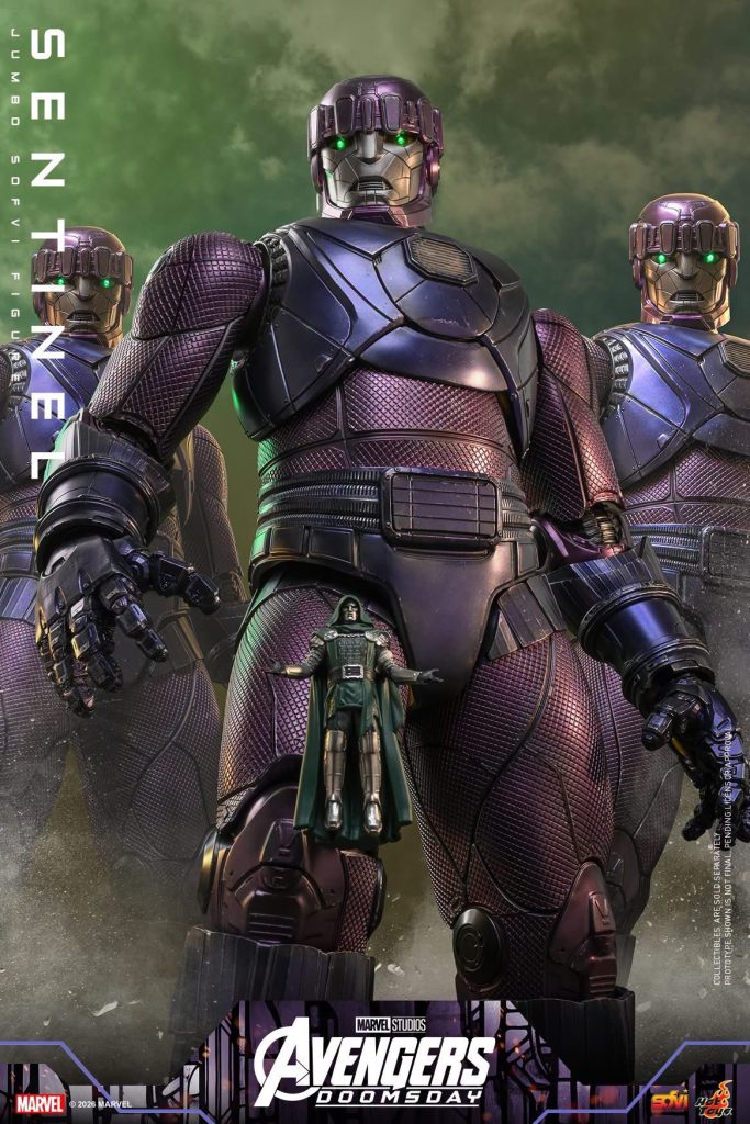 Hot Toys reveals the Avengers: Doomsday Sentinel figure, featuring LED light-up eyes, 18 points of articulation, and a miniature Doctor Doom.