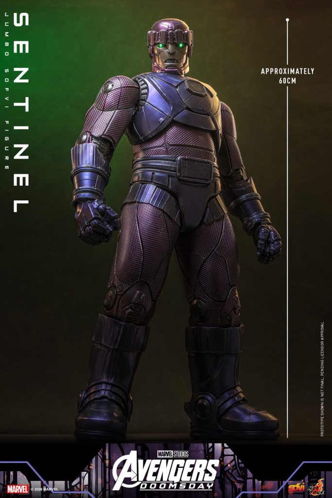 Hot Toys reveals the Avengers: Doomsday Sentinel figure, featuring LED light-up eyes, 18 points of articulation, and a miniature Doctor Doom.