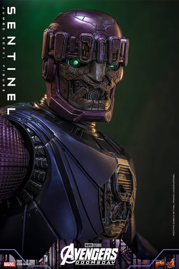 Hot Toys reveals the Avengers: Doomsday Sentinel figure, featuring LED light-up eyes, 18 points of articulation, and a miniature Doctor Doom.