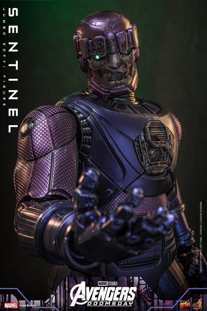 Hot Toys reveals the Avengers: Doomsday Sentinel figure, featuring LED light-up eyes, 18 points of articulation, and a miniature Doctor Doom.