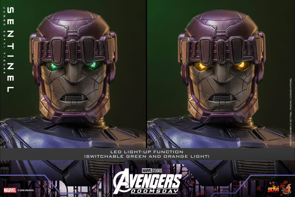 Hot Toys reveals the Avengers: Doomsday Sentinel figure, featuring LED light-up eyes, 18 points of articulation, and a miniature Doctor Doom.