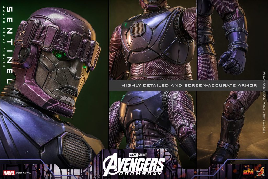 Hot Toys reveals the Avengers: Doomsday Sentinel figure, featuring LED light-up eyes, 18 points of articulation, and a miniature Doctor Doom.