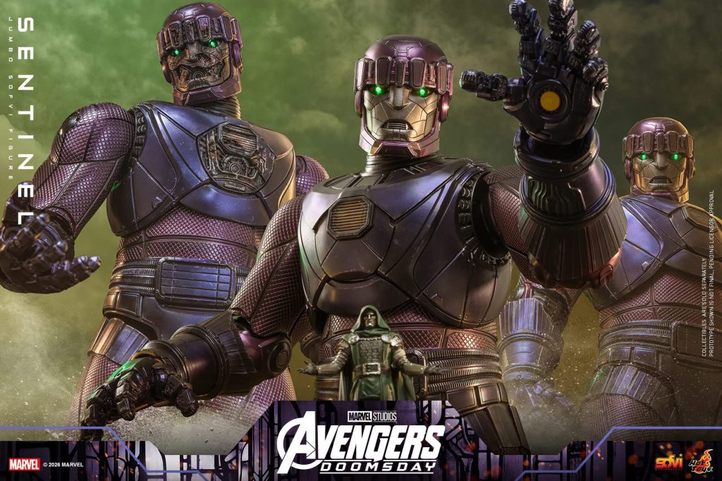 Hot Toys reveals the Avengers: Doomsday Sentinel figure, featuring LED light-up eyes, 18 points of articulation, and a miniature Doctor Doom.