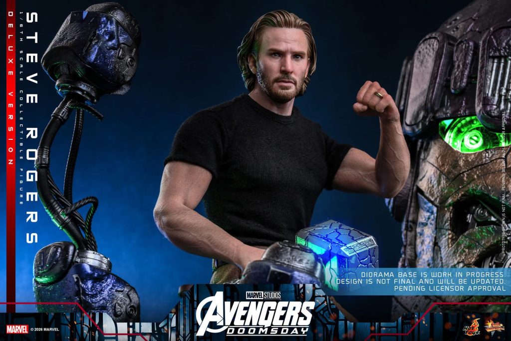 Hot Toys reveals its Avengers: Doomsday Steve Rogers figure featuring Chris Evans’ likeness, a cracked Mjolnir, and detailed 1/6-scale accessories.