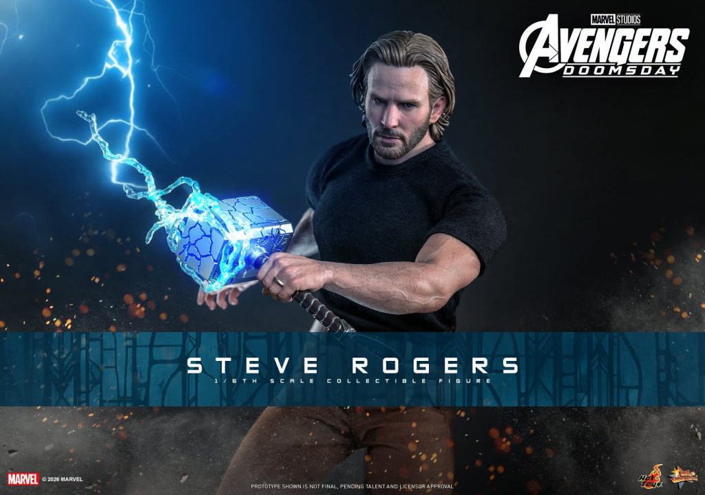 Hot Toys reveals its Avengers: Doomsday Steve Rogers figure featuring Chris Evans’ likeness, a cracked Mjolnir, and detailed 1/6-scale accessories.