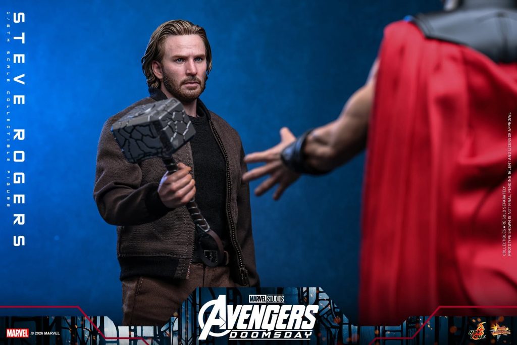 Hot Toys reveals its Avengers: Doomsday Steve Rogers figure featuring Chris Evans’ likeness, a cracked Mjolnir, and detailed 1/6-scale accessories.