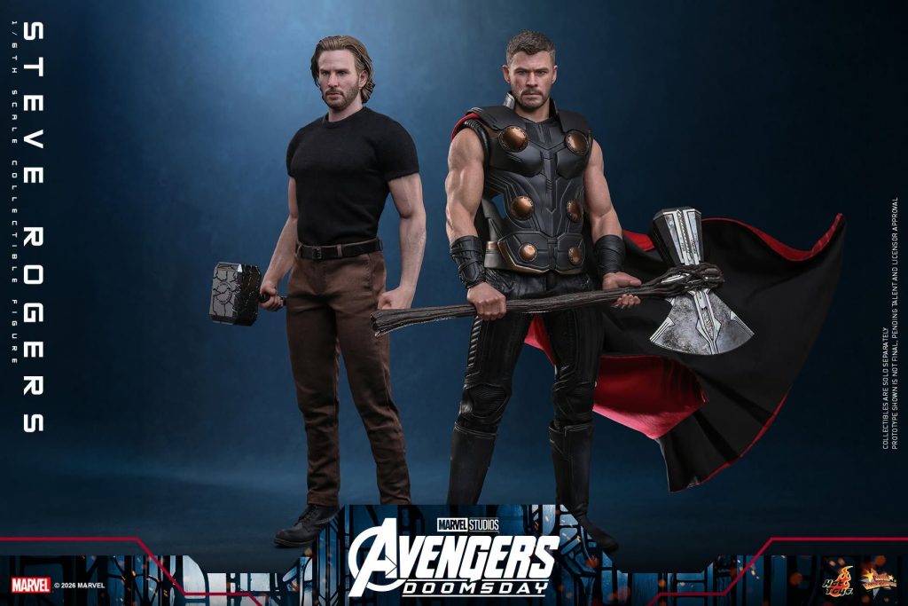 Hot Toys reveals its Avengers: Doomsday Steve Rogers figure featuring Chris Evans’ likeness, a cracked Mjolnir, and detailed 1/6-scale accessories.