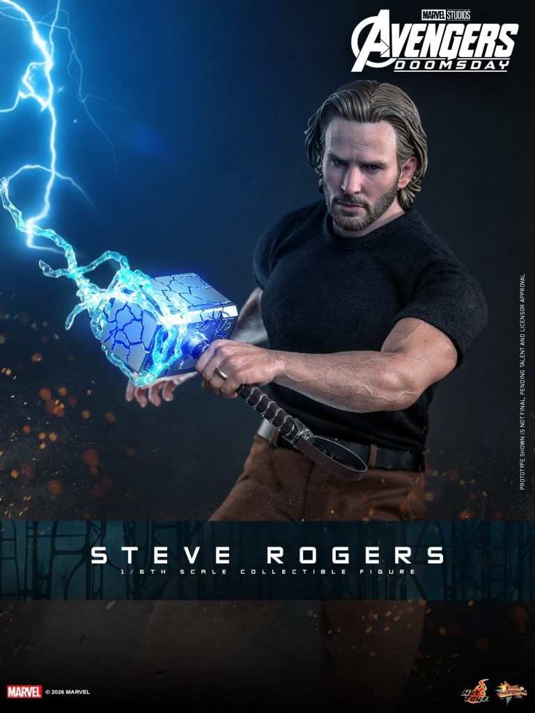 Hot Toys reveals its Avengers: Doomsday Steve Rogers figure featuring Chris Evans’ likeness, a cracked Mjolnir, and detailed 1/6-scale accessories.