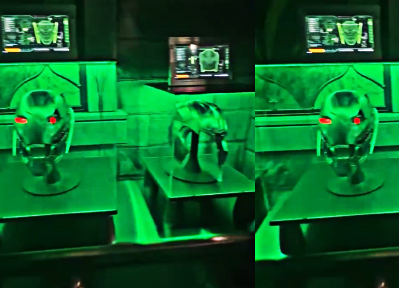 Marvel reveals Doctor Doom’s lab at New York Comic Con, featuring a symbiote sample, Silver Surfer’s split board, Ultron’s head, and Thanos’s broken helmet.